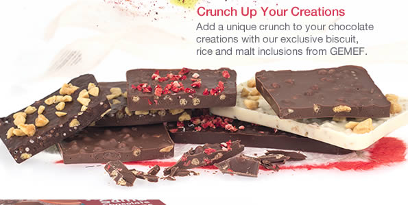 Add a unique crunch to your chocolate creations with our exclusive biscuit, rice and malt inclusions from GEMEF.