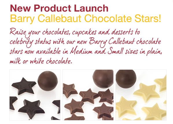 Raise your chocolates, cupcakes and desserts to celebrity status with our new Barry Callebaut chocolate stars now available in Medium and Small sizes in plain, milk or white chocolate.