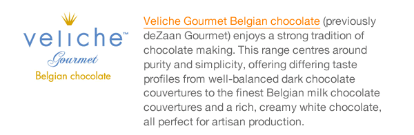 Veliche Gourmet Belgian chocolate (previously deZaan Gourmet) enjoys a strong tradition of chocolate making. This range centres around purity and simplicity, offering differing taste profiles from well-balanced dark chocolate couvertures to the finest Belgian milk chocolate couvertures and a rich, creamy white chocolate, all perfect for artisan production.
