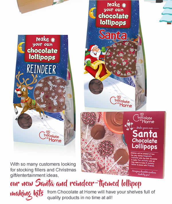 With so many customers looking for stocking fillers and Christmas gift/entertainment ideas, our new Santa and reindeer-themed lollipop making kits from Chocolate at Home will have your shelves full of quality products in no time at all! 