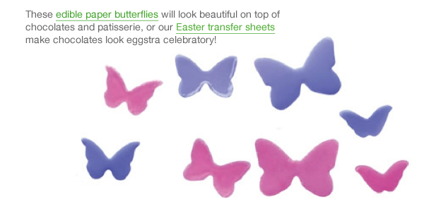 These edible paper butterflies will look beautiful on top of chocolates and patisserie, or our Easter transfer sheets make chocolates look eggstra celebratory! 