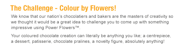 We know that our nation’s chocolatiers and bakers are the masters of creativity so we thought it would be a great idea to challenge you to come up with something impressive using Power Flowers™. Your coloured chocolate creation can literally be anything you like; a centrepiece, a dessert, patisserie, chocolate pralines, a novelty figure, absolutely anything!