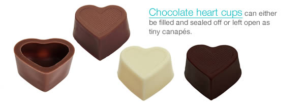 Chocolate heart cups can either be filled and sealed off or left open as tiny canapés. 