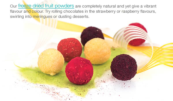 Our freeze dried fruit powders are completely natural and yet give a vibrant flavour and colour. Try rolling chocolates in the strawberry or raspberry flavours, swirling into meringues or dusting desserts. 