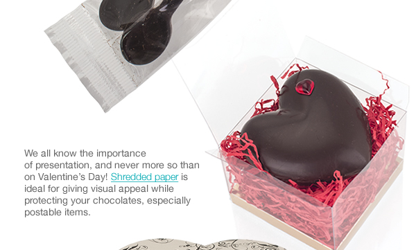 We all know the importance of presentation, and never more so than on Valentine’s Day! Shredded paper is ideal for giving visual appeal while protecting your chocolates, especially postable items.
