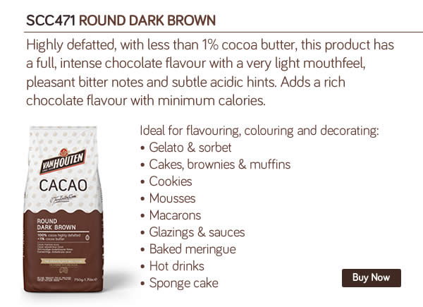 SCC471 ROUND DARK BROWN  
Highly defatted, with less than 1% cocoa butter, this product has a full, intense chocolate flavour with a very light mouthfeel, pleasant bitter notes and subtle acidic hints. Adds a rich chocolate flavour with minimum calories.