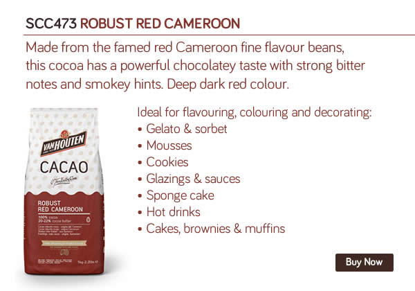 SCC473 ROBUST RED CAMEROON   
Made from the famed red Cameroon fine flavour beans, this cocoa has a powerful chocolatey taste with strong bitter notes and smokey hints. Deep dark red colour.