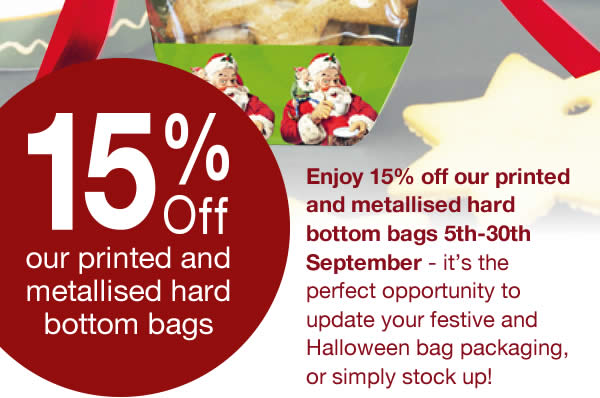 Enjoy 15% off our printed and metallised hard bottom bags throughout September - it’s the perfect opportunity to update your festive and Halloween bag packaging, or simply stock up!