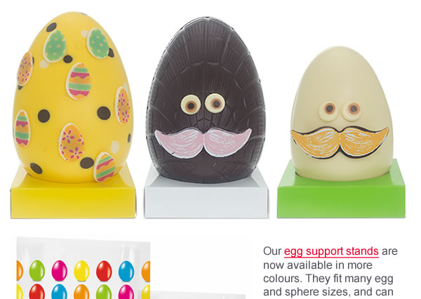 Our egg support stands are now available in more colours. They fit many egg and sphere sizes, and can be used together with cellophane film, clear bags, or our new “Happy Eggs” bags with loose card bases.