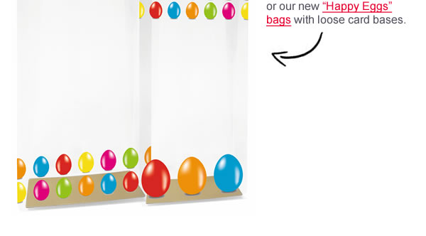 Our egg support stands are now available in more colours. They fit many egg and sphere sizes, and can be used together with cellophane film, clear bags, or our new “Happy Eggs” bags with loose card bases.