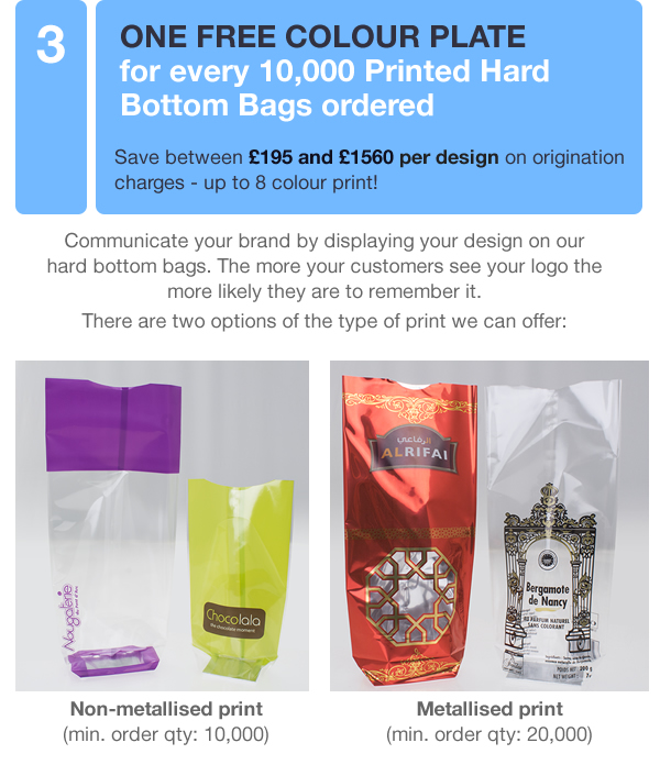 3. ONE FREE COLOUR PLATE for every 10,000 Printed Hard Bottom Bags ordered 