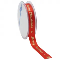 Merry Christmas Satin Ribbon; Gold on Red